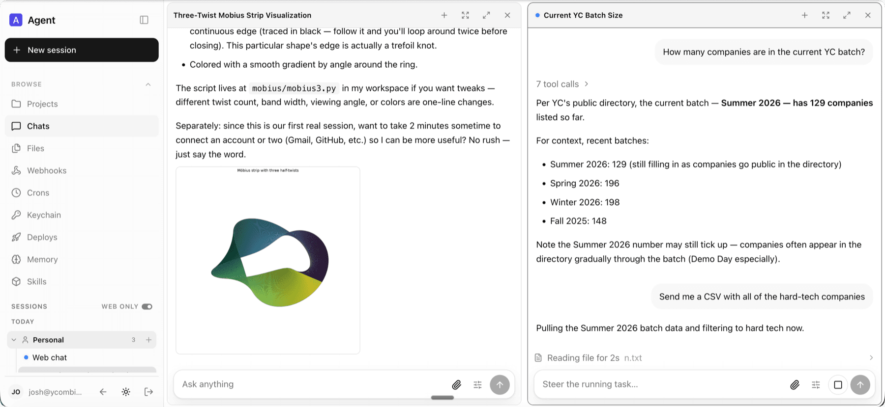 The QM web UI: two concurrent agent sessions with a sidebar of files, crons, keychain, deploys, memory and skills