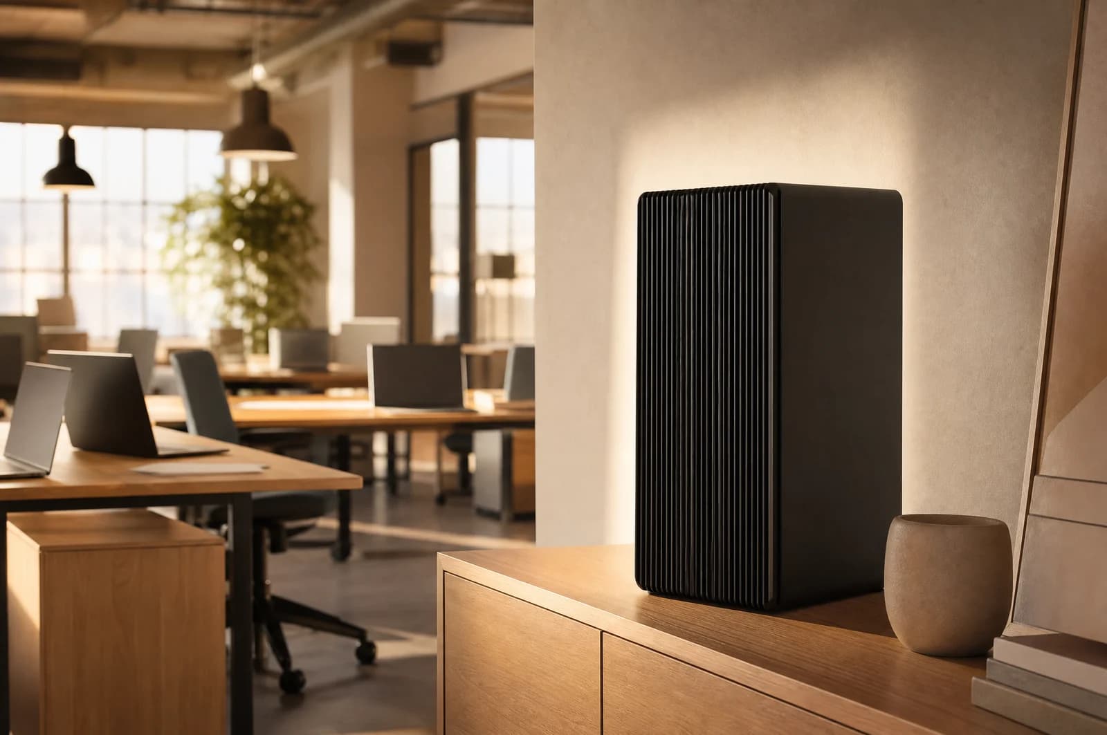 A quiet studio office with a single black tower computer on a sideboard